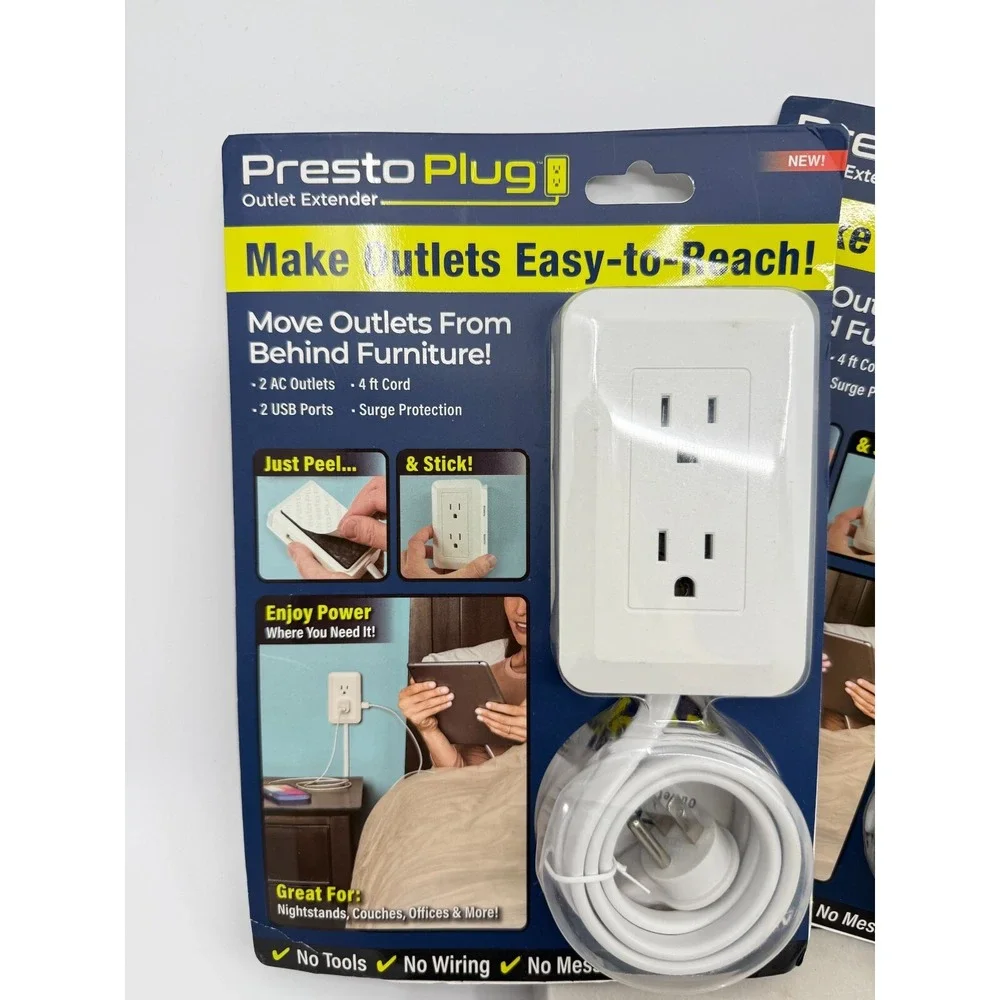 Presto Plug Wall Outlet Extender 4 ft Cord Peel & Stick Set Of Three No Mess